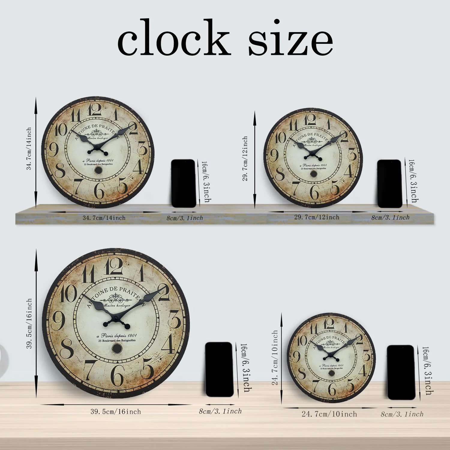 Retro Paris Wooden Wall Clock – Silent Quartz, Vintage Antique Style, Available in Multiple Sizes - Image 2
