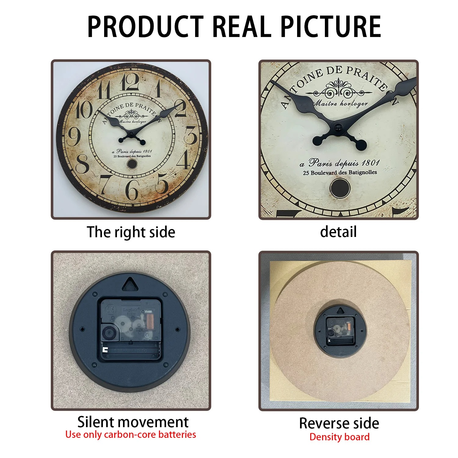 Retro Paris Wooden Wall Clock – Silent Quartz, Vintage Antique Style, Available in Multiple Sizes - Image 3
